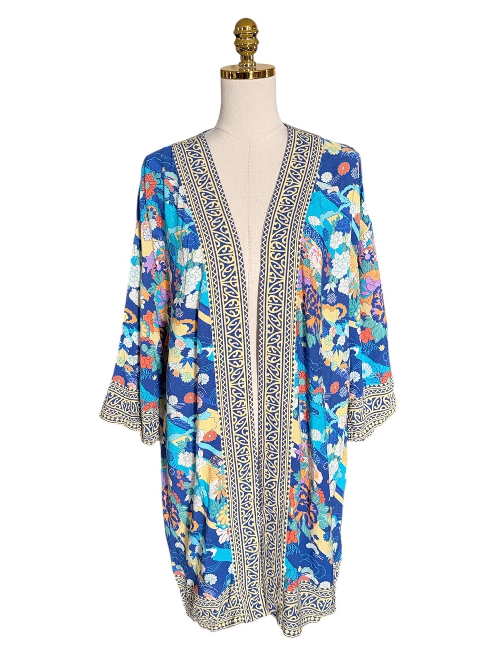 Soft Surroundings Blue Floral Open-Front Boho Artsy Kimono Jacket Women’s S/M